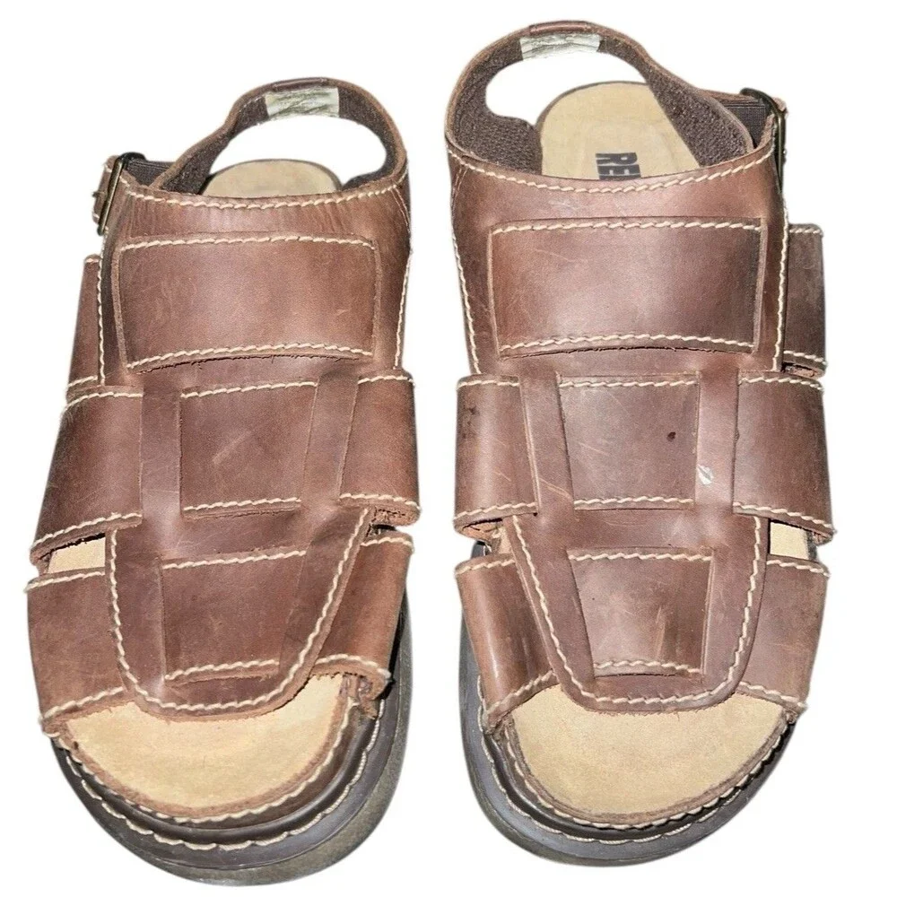 Red Stone Vintage Mens Platform Sandals Size 12 Brown Leather Buckle Shoes
